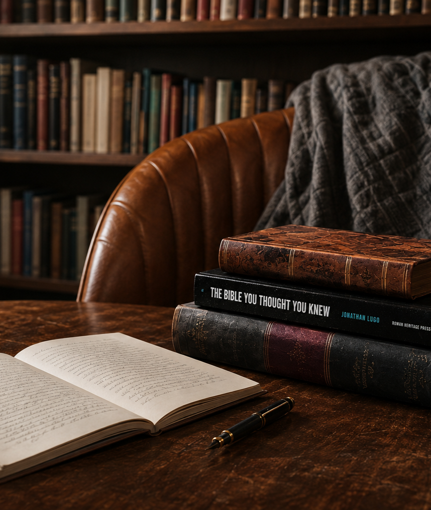 Wooden publishing desk with books, an open manuscript, and a fountain pen