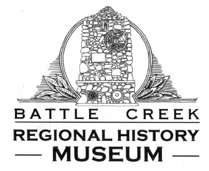 Logo for Battle Creek Regional History Museum with a stone tower and decorative leaves.