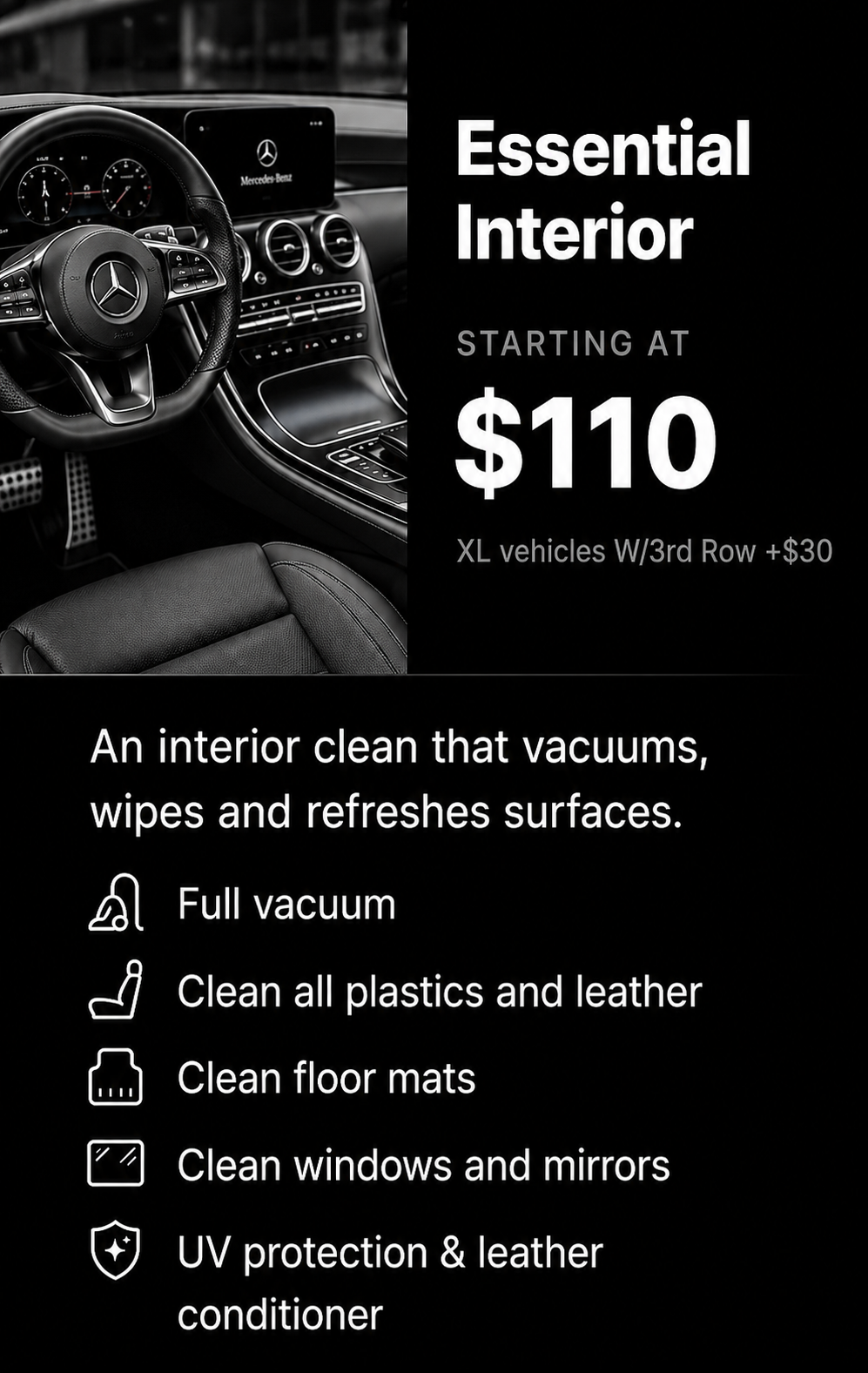 The interior of a Mercedes-Benz vehicle featuring a sleek dashboard, steering wheel, and infotainment system with promotional text for a car interior cleaning service.
