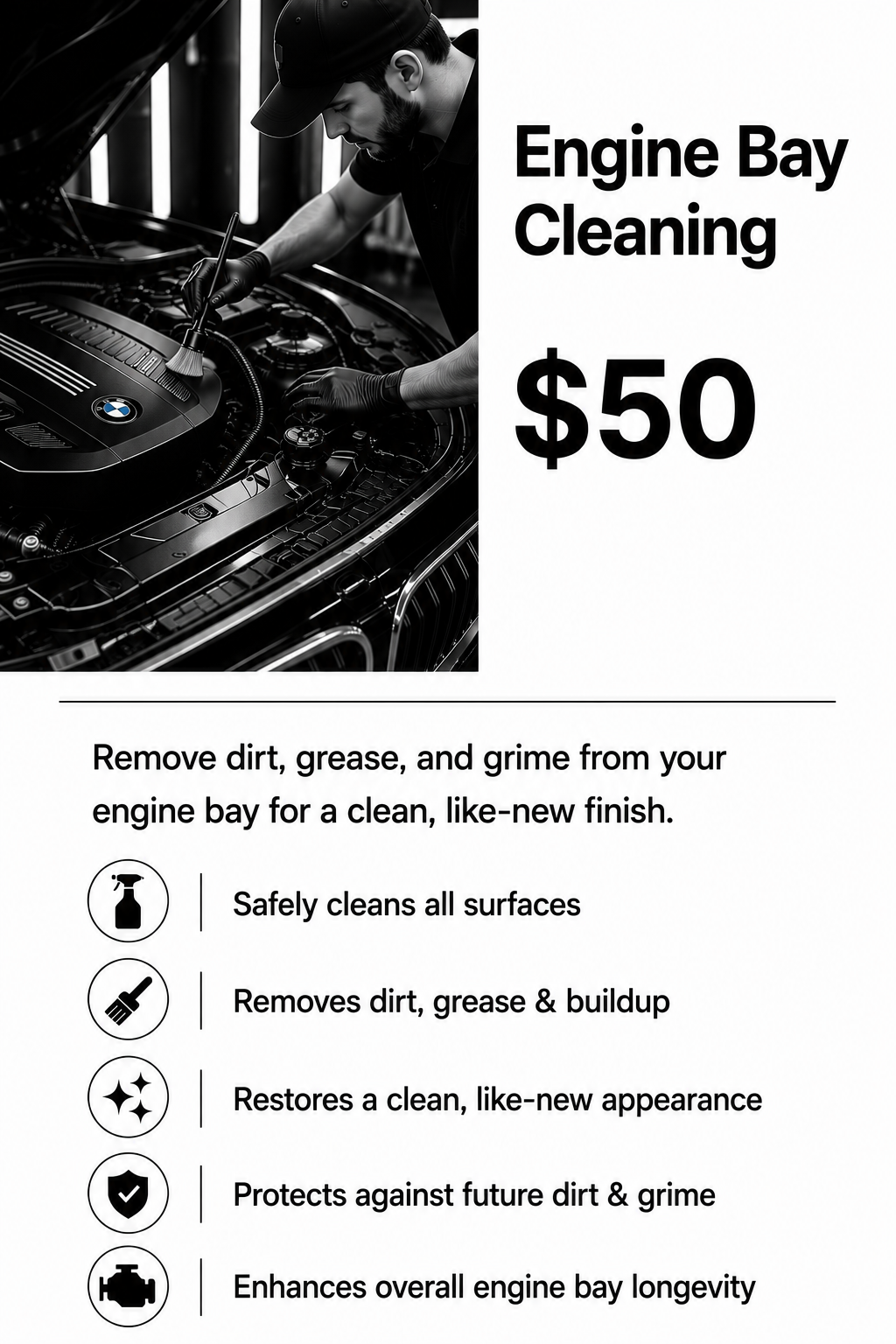 Black and white photograph of a man cleaning a car engine bay with a brush, showing detailed engine components and a BMW logo.