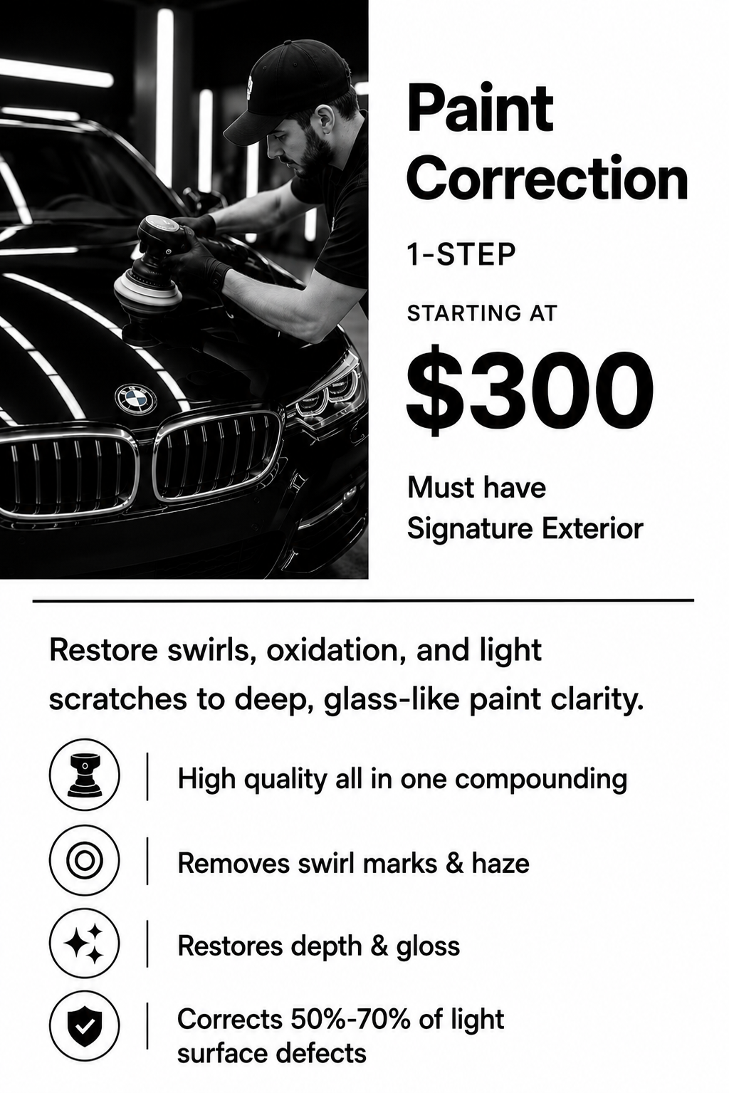 A technician polishing a black BMW car in a garage or workshop, with a promotional advertisement for car paint correction services offering a starting price of $300.