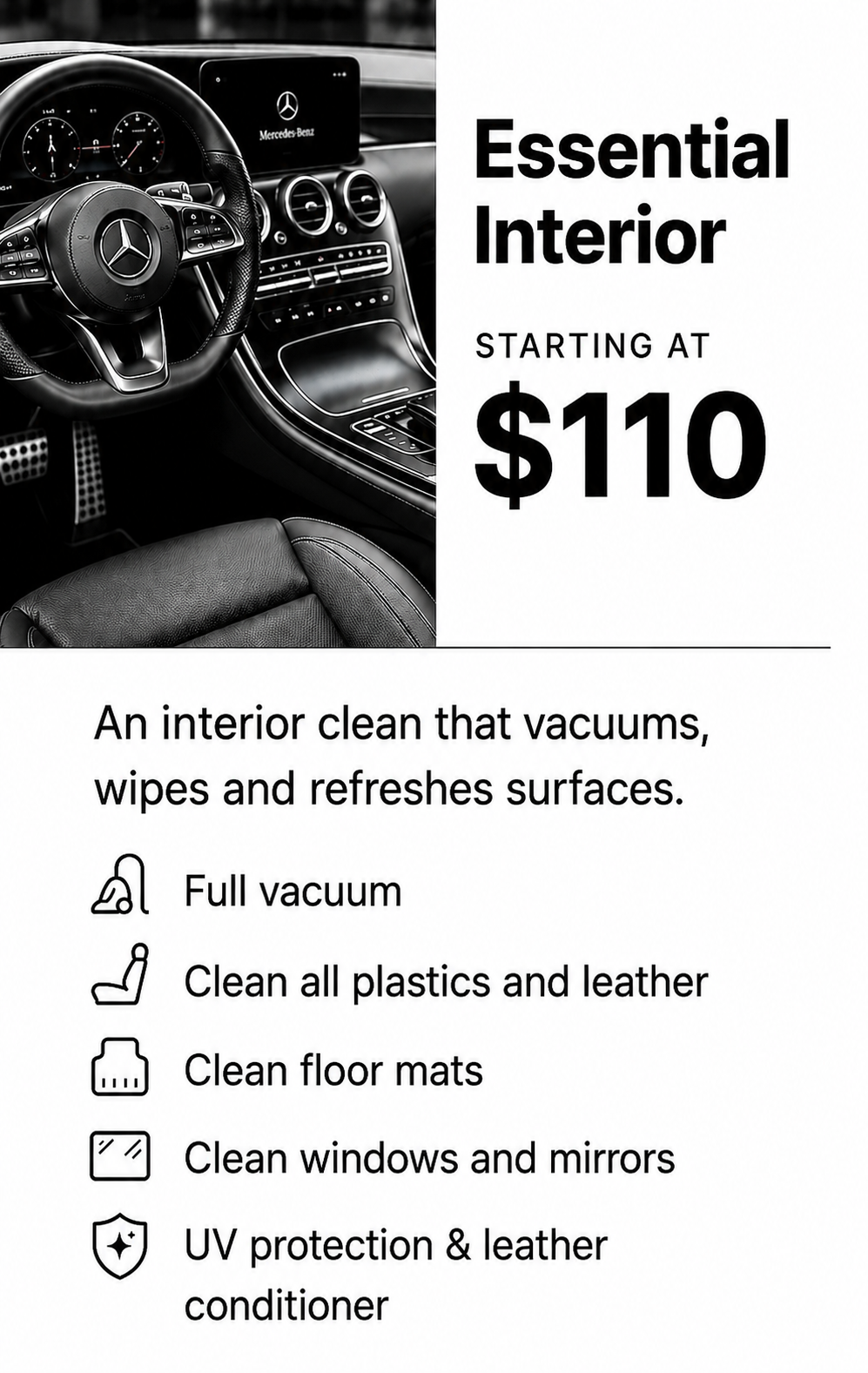 Interior of a Mercedes-Benz car showing steering wheel, dashboard, and infotainment screen. Text on the right advertises interior cleaning services starting at $110, including vacuuming, cleaning plastics and leather, floor mats, windows and mirrors, and UV protection and leather conditioning.