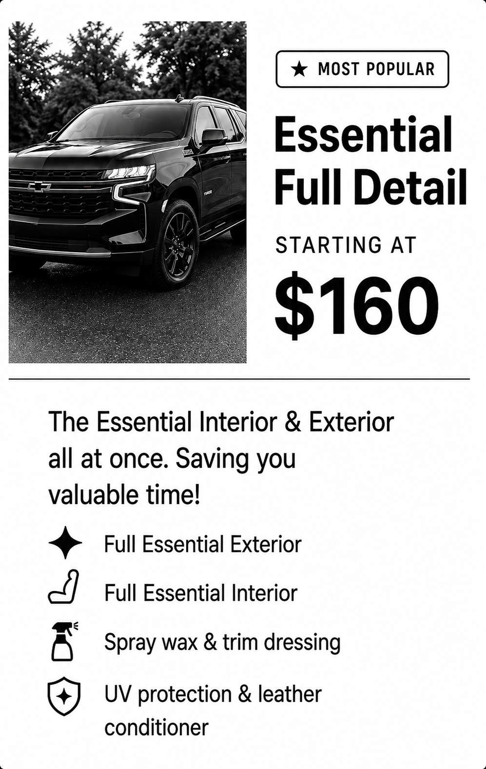 A promotional flyer featuring a black SUV, with text about car detailing services starting at $160, including interior and exterior cleaning, spray wax, trim dressing, UV protection, and leather conditioning.