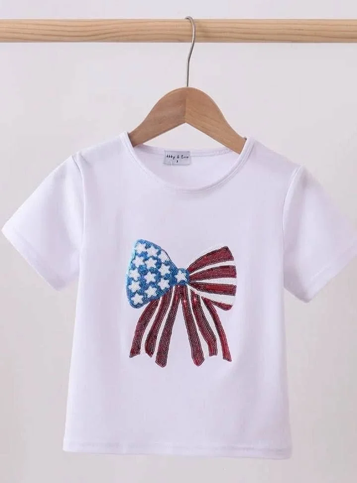 Girls Patriotic Flag Bow Shirt
