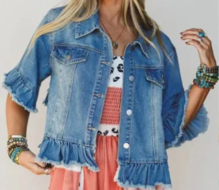 Women's Jean Jacket with Ruffle Details