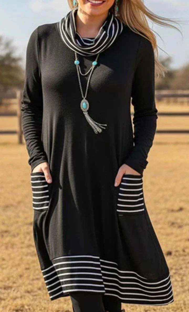 Striped Cowl Neck Tunic Dress