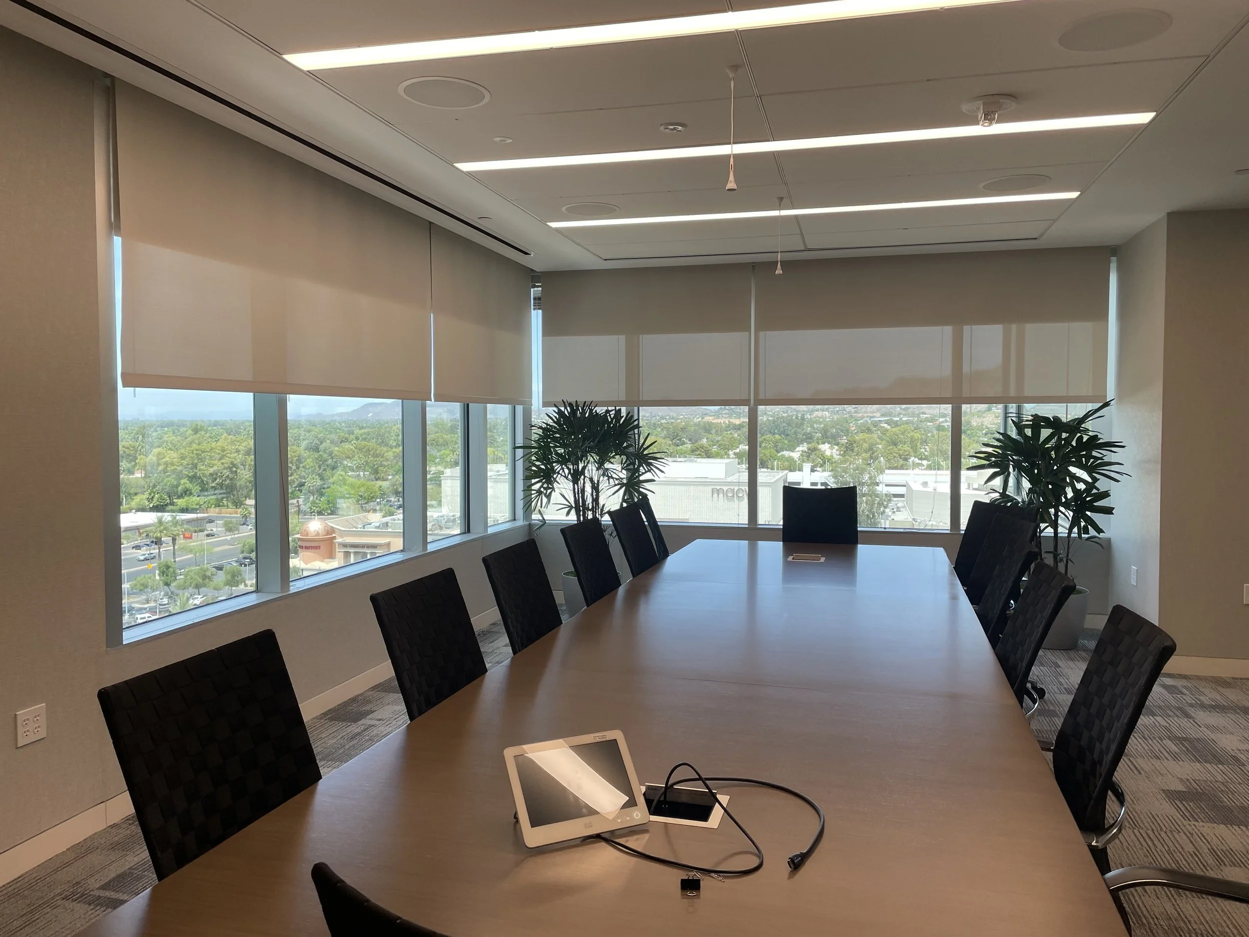 A conference room with a large oval wooden table surrounded by black chairs. There are large windows with beige blinds, letting in natural light. A tablet and charging cable are on the table. In the background, there are two large potted plants, and 
