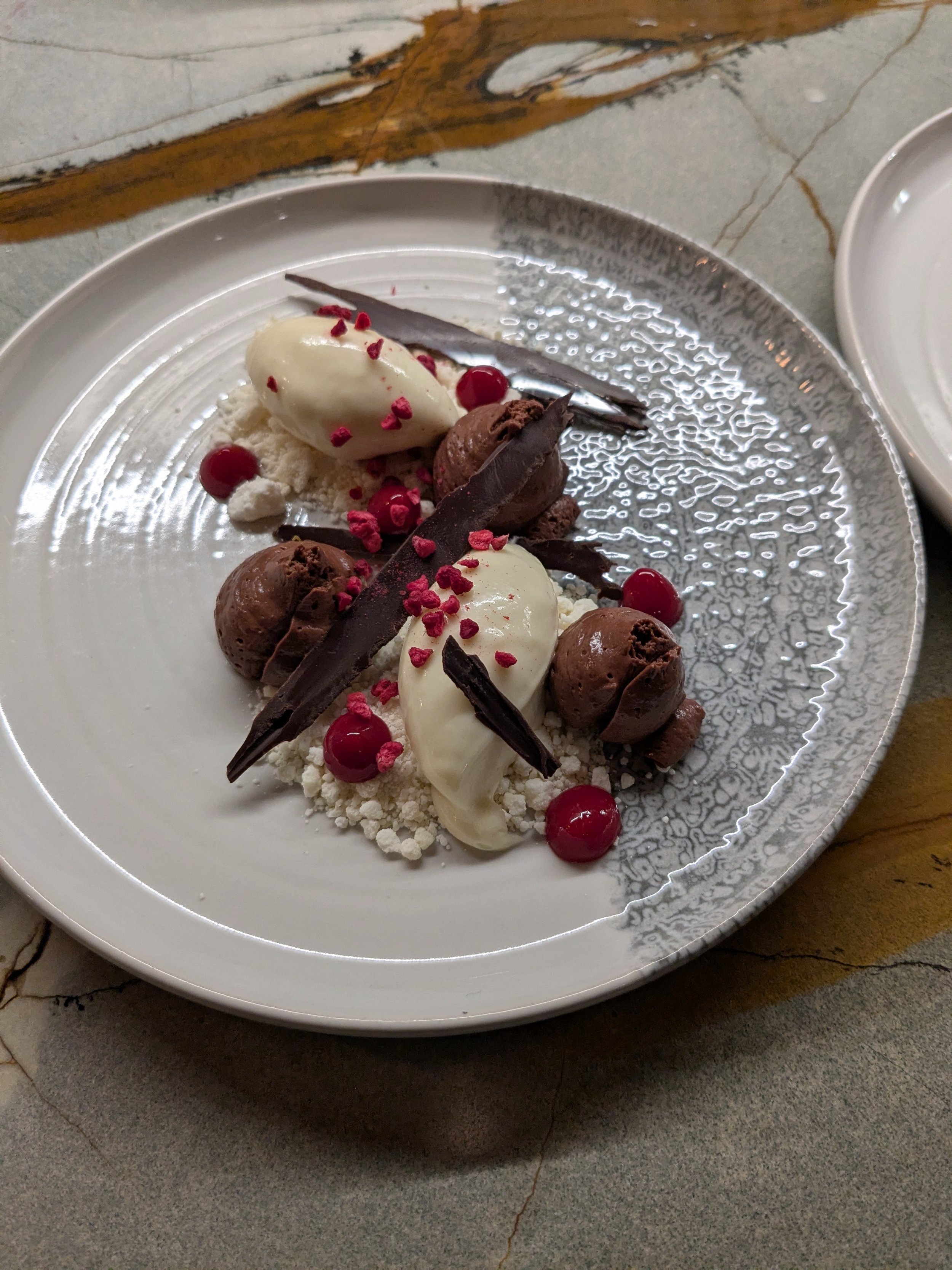 tahini mousse, dark chocolate mousse, tempered dark chocolate, raspberry fluid gel, french alps private chef