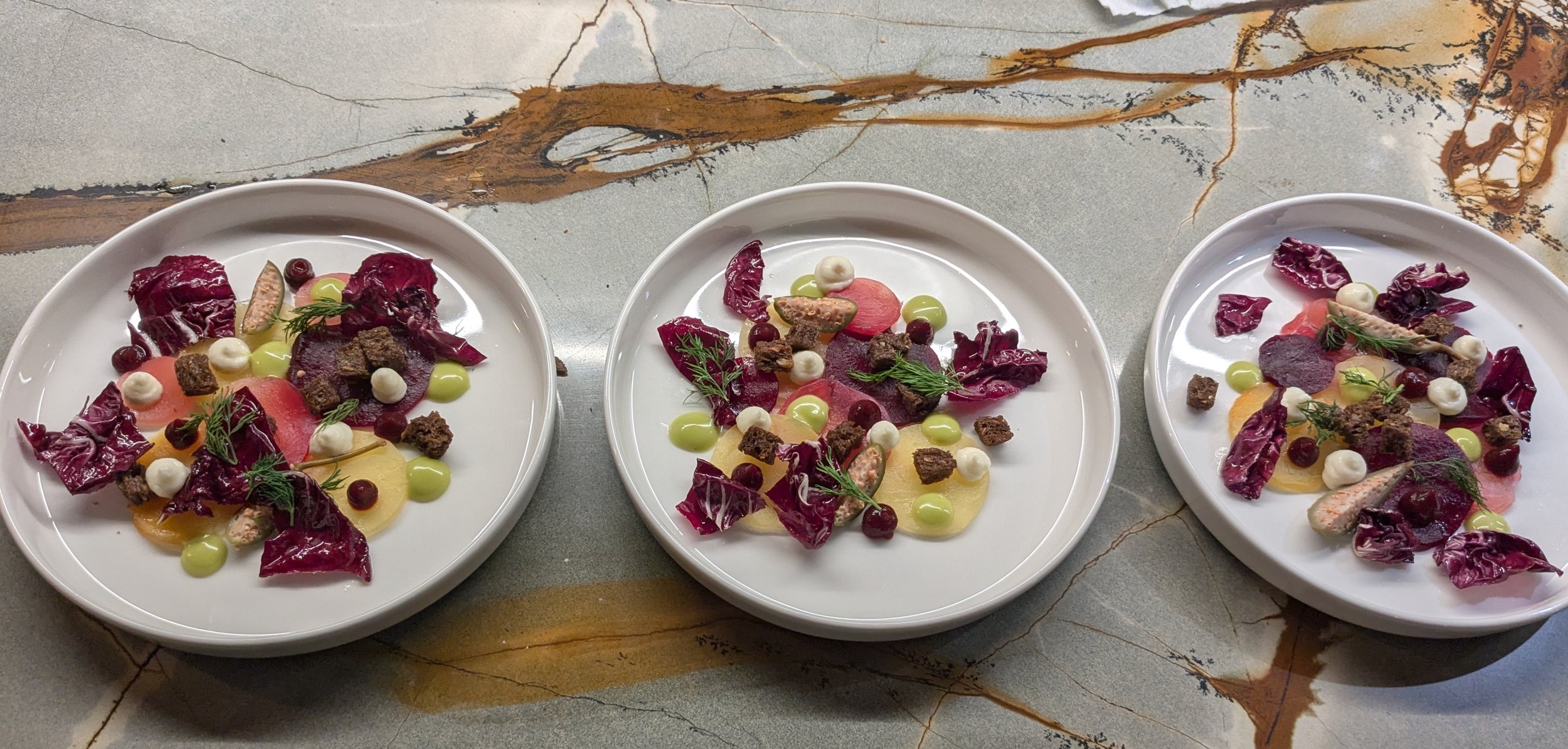 salt-baked candy beetroot carpachio, dill emulsion, beetroot gel, creme fraiche, radicchio, toasted rye, french alps private chef