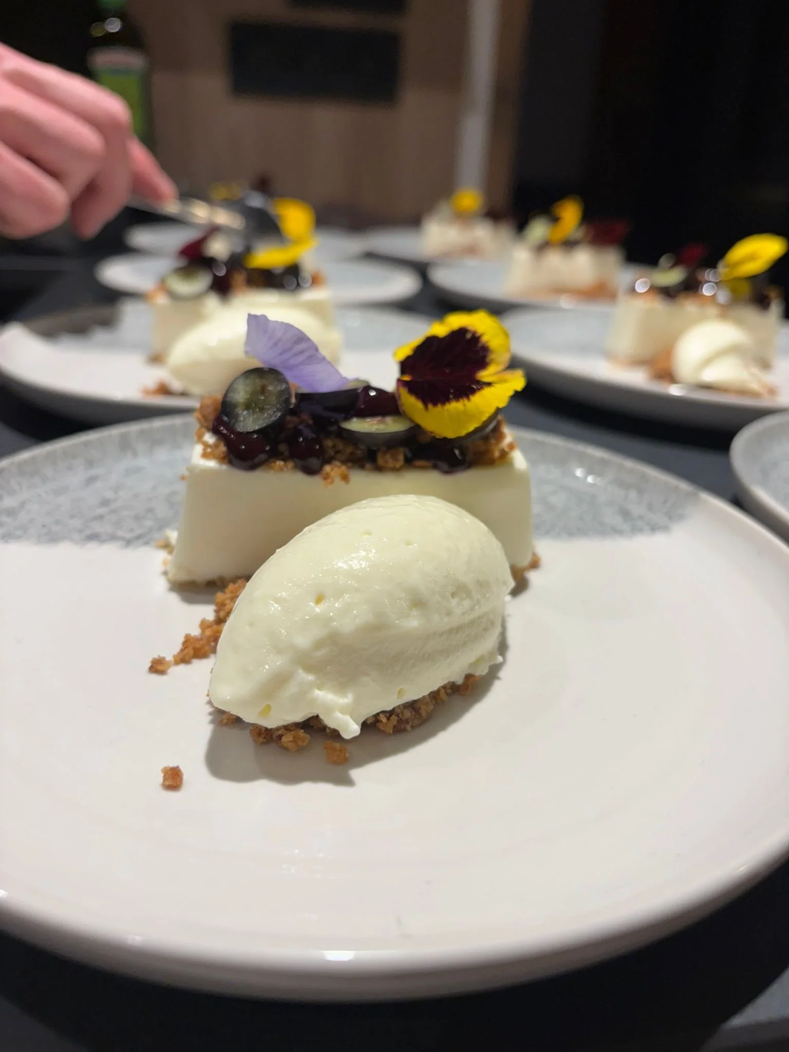 Mascarpone cheesecake, white chocolate mousse, blueberry gel, toasted oat crumb, french alps private chef