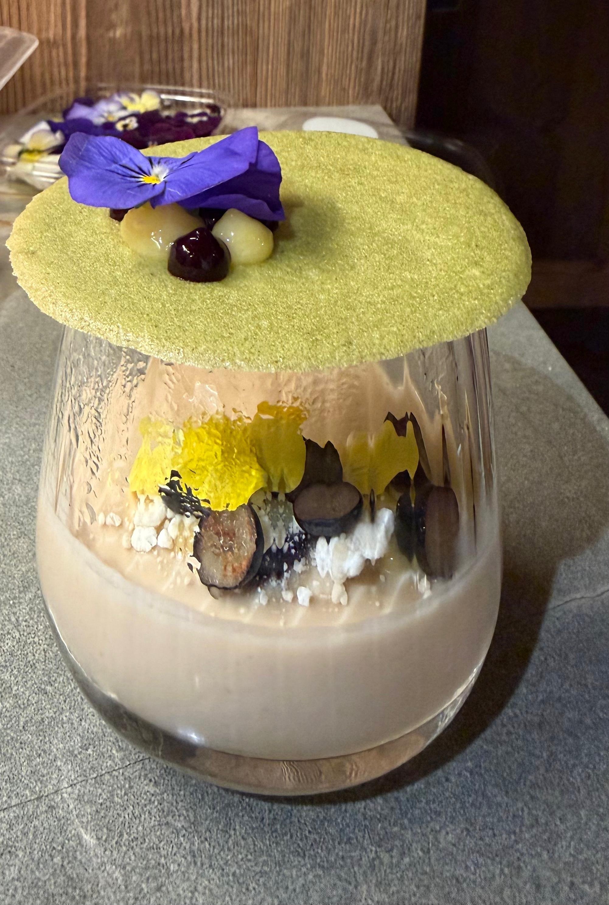 lemon posset, pistachio tuile, lemon curd, fresh blueberry, french alps private chef