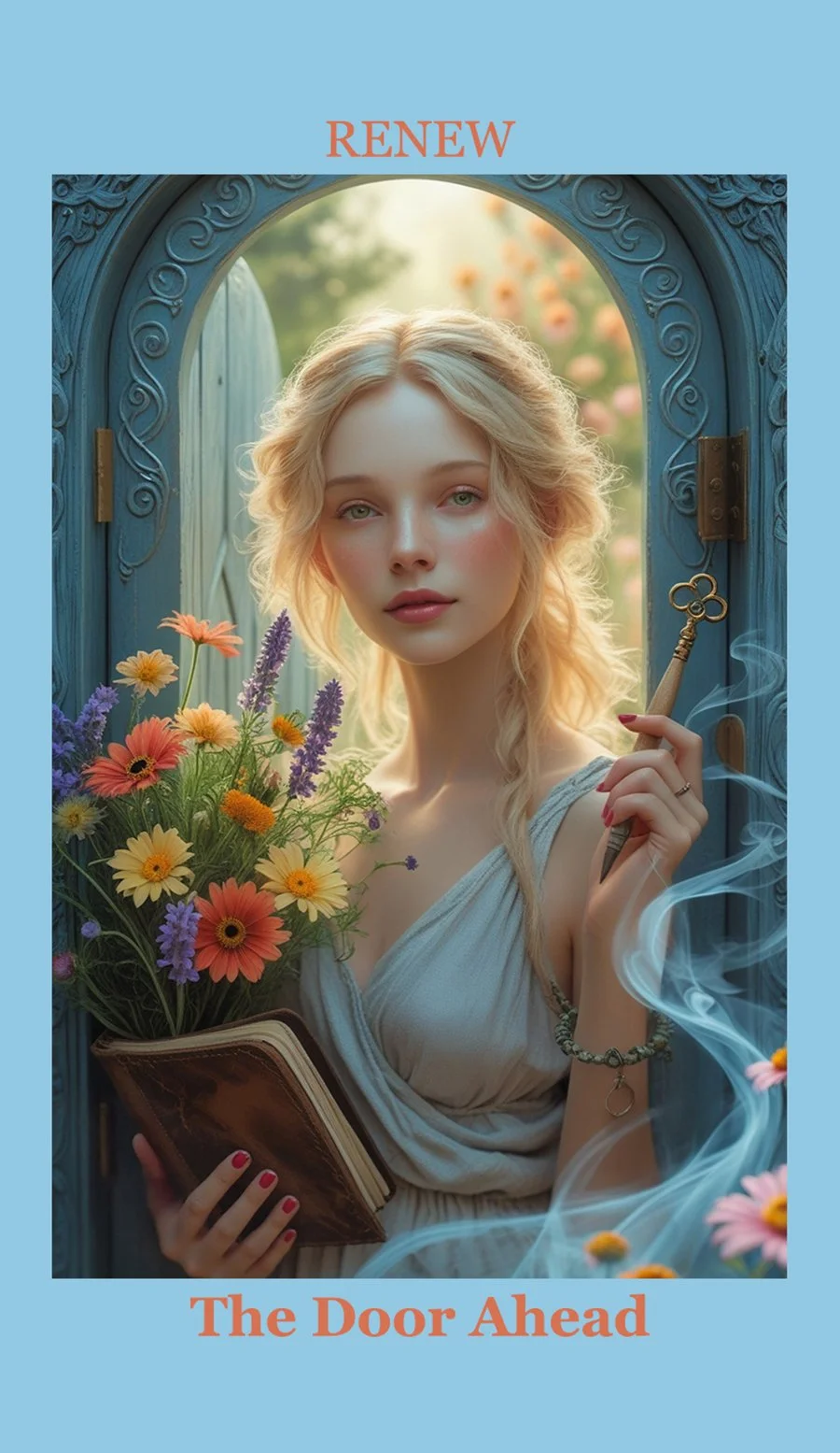 A woman with blonde hair, holding a bouquet of colorful flowers in one hand and a book in the other, standing at an open blue door with decorative detailing. The woman is also holding a smoking pipe and there is smoke swirling around her. The backgro