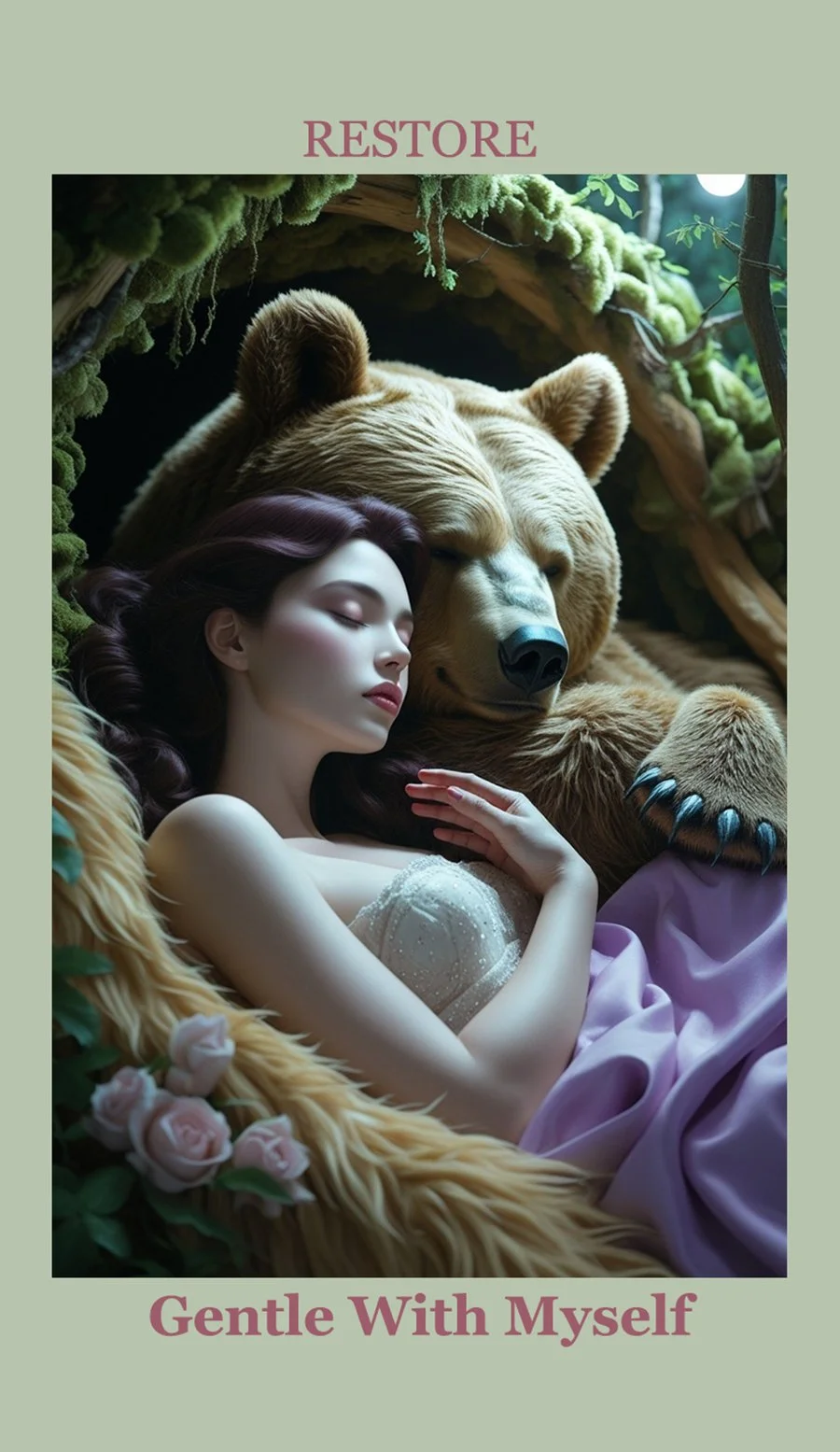 A woman with dark hair sleeping peacefully beside a large sleeping bear, both lying on a cozy surface with greenery and flowers around.
