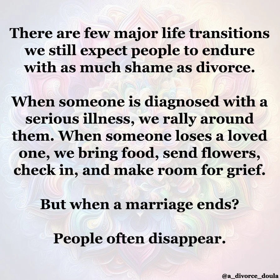 𝗪𝗛𝗘𝗥𝗘 𝗜𝗦 𝗧𝗛𝗘 𝗖𝗔𝗦𝗦𝗘𝗥𝗢𝗟𝗘 𝗙𝗢𝗥 𝗗𝗜𝗩𝗢𝗥𝗖𝗘? 💜
⠀
We have rituals for showing up when someone&rsquo;s life falls apart.
We bring food.
We send flowers.
We check in.
We make room for grief.
⠀
But divorce?
Too often, people become u