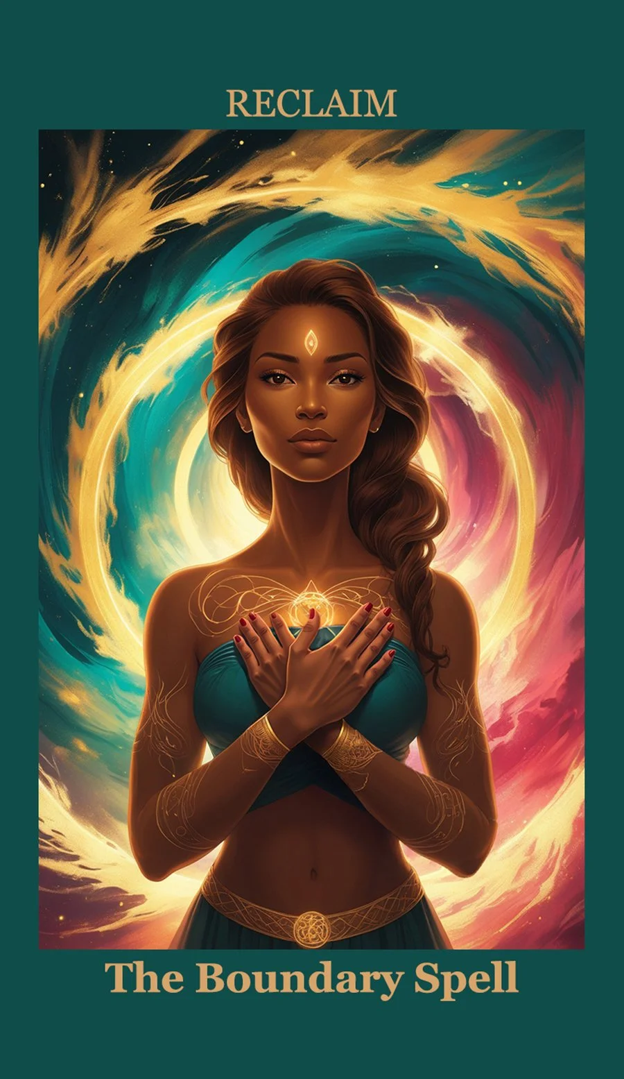 A spiritual woman with glowing tattoos and a glowing symbol on her forehead, standing with hands crossed over her chest against a swirling, colorful cosmic background, with the word 'RECLAIM' at the top and 'The Boundary Spell' at the bottom.