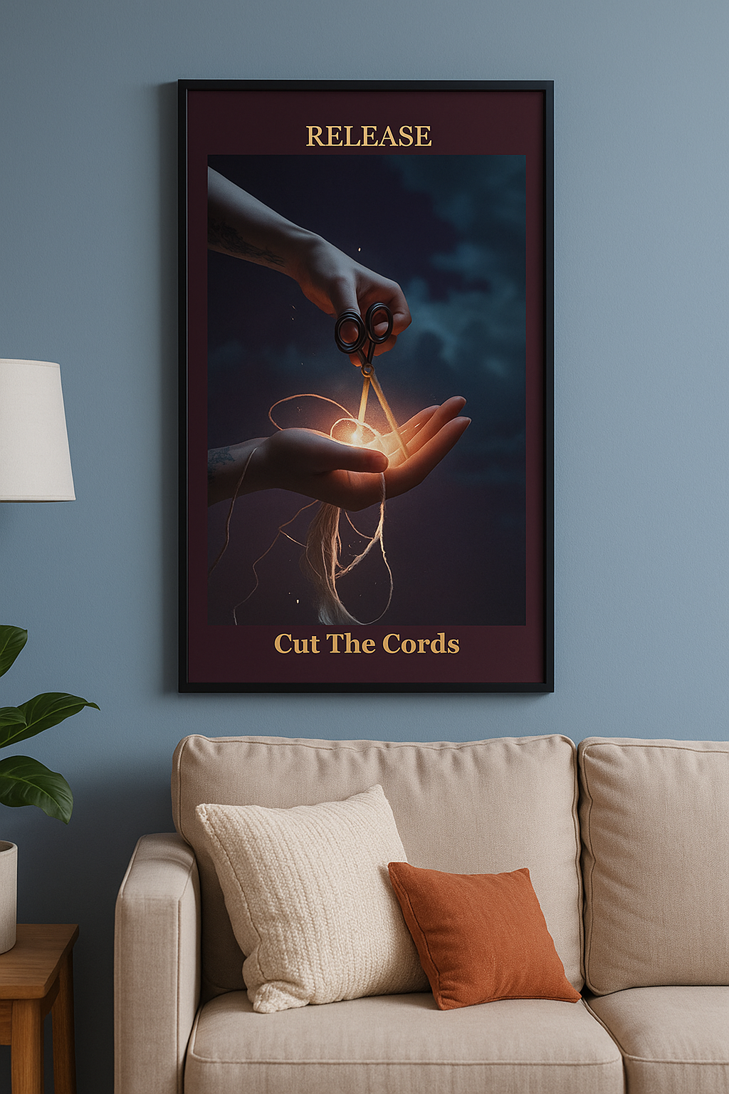 A poster with the word 'RELEASE' at the top and 'Cut The Cords' at the bottom, depicting a person holding scissors over a hand, severing illuminated strings against a dark sky background.