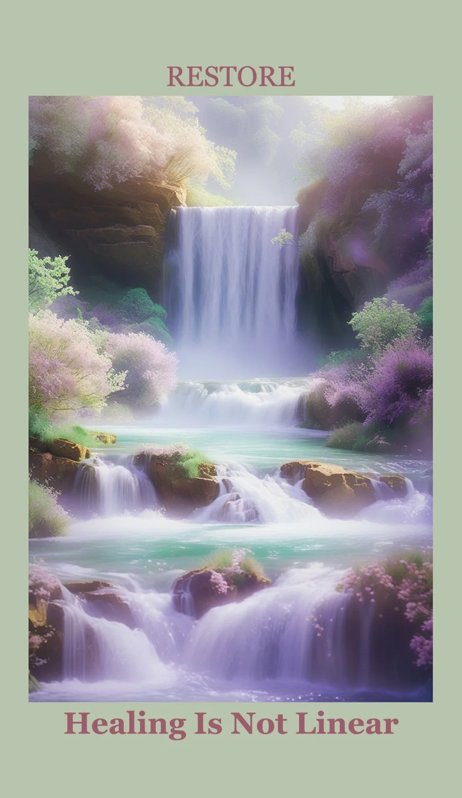 Serene waterfall cascading over rocks surrounded by pink and purple flowering trees and lush greenery.