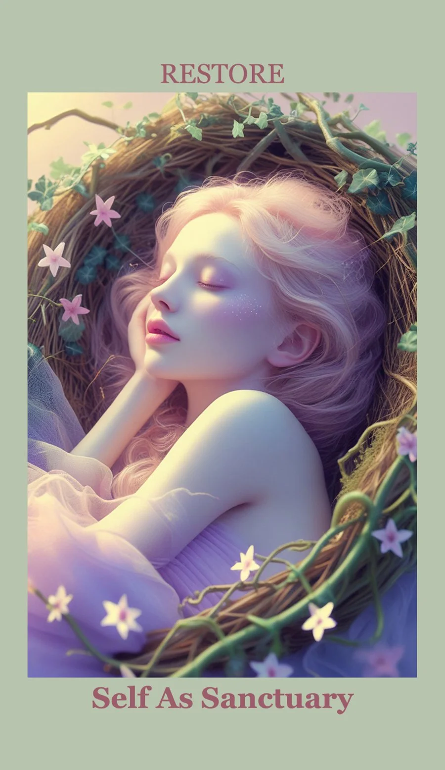 A woman with long blonde hair peacefully resting with closed eyes inside a nest made of twigs, surrounded by small pink and white flowers and green foliage.