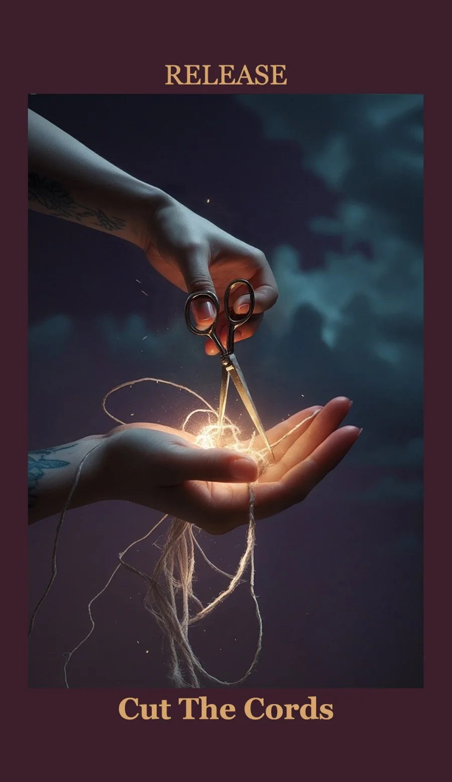 Image of hands holding a small pair of scissors cutting a string of tangled light-colored yarn, with sparks flying from the cutting. The background is dark and cloudy. Text at the top reads 'RELEASE' and at the bottom 'Cut The Cords'.