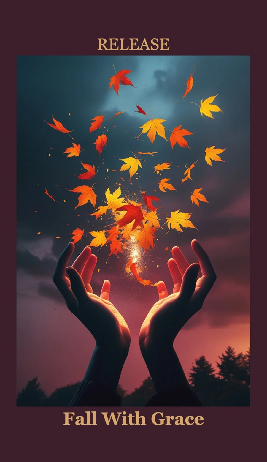 A pair of hands holding a sparkling, swirling autumn leaves and twigs against a twilight sky and tree silhouette, with the words 'Release' at the top and 'Fall With Grace' at the bottom.