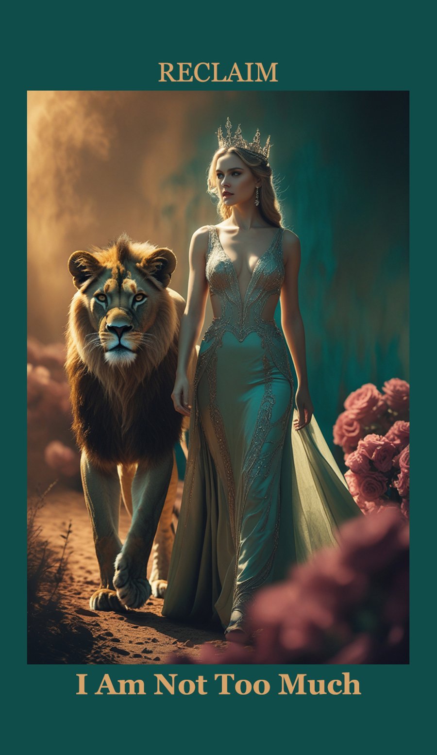 A woman wearing an elegant gown and a crown walking alongside a lion in a forest, with pink roses in the foreground.