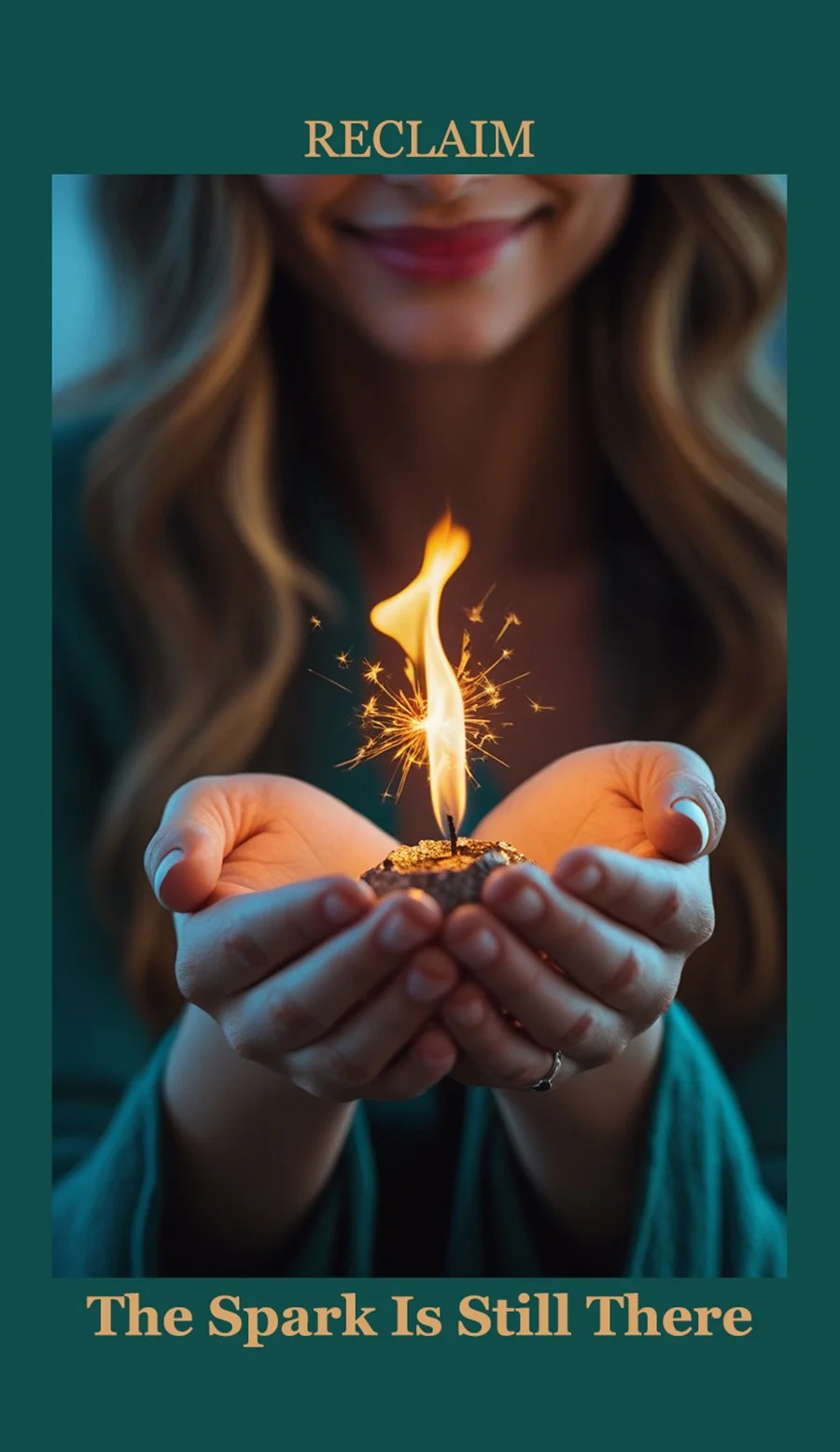 A woman holding a lit birthday candle with a sparkler flame, smiling softly, with the words 'Reclaim' and 'The Spark Is Still There' on a teal background.