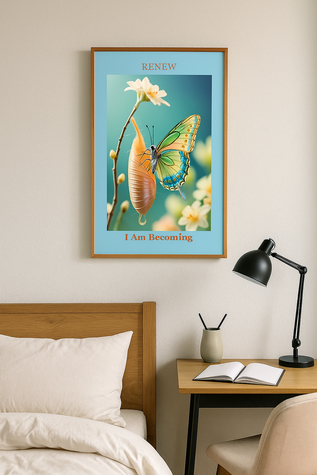 Decorative poster on a bedroom wall showing a butterfly emerging from a cocoon with the words 'RENEW' and 'I Am Becoming'.