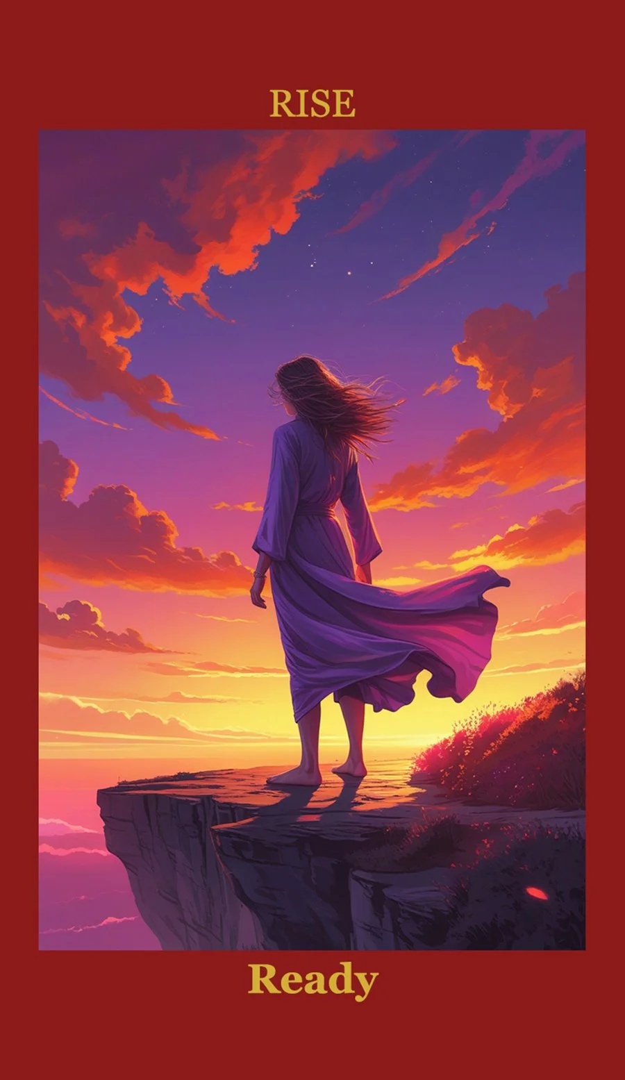 A girl in a purple dress standing on a cliff at sunrise, with a colorful sky filled with clouds and stars.
