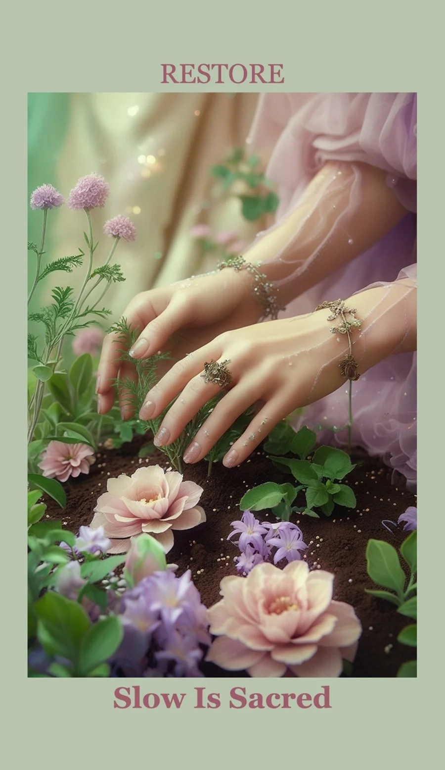 A person with delicate hands, jewelry, and soft pink clothing tending to blooming flowers and greenery in the soil, with the words 'RESTORE' at the top and 'Slow Is Sacred' at the bottom.