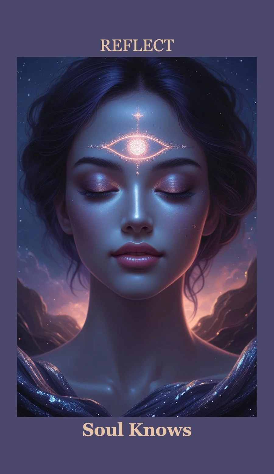 Digital artwork of a serene woman with closed eyes, mystical symbols and an eye above her forehead, starry background, and text 'REFLECT' at the top and 'Soul Knows' at the bottom.