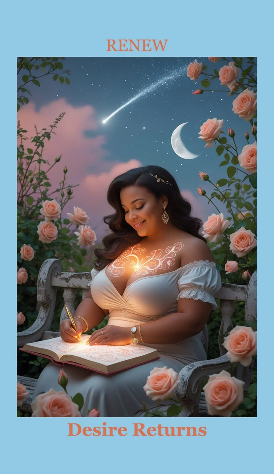 A woman with long dark hair, wearing a white dress and jewelry, sits on a garden bench surrounded by pink roses. She is writing in a notebook, glowing with an artistic light on her chest. The background features a starry sky with a shooting star, a c