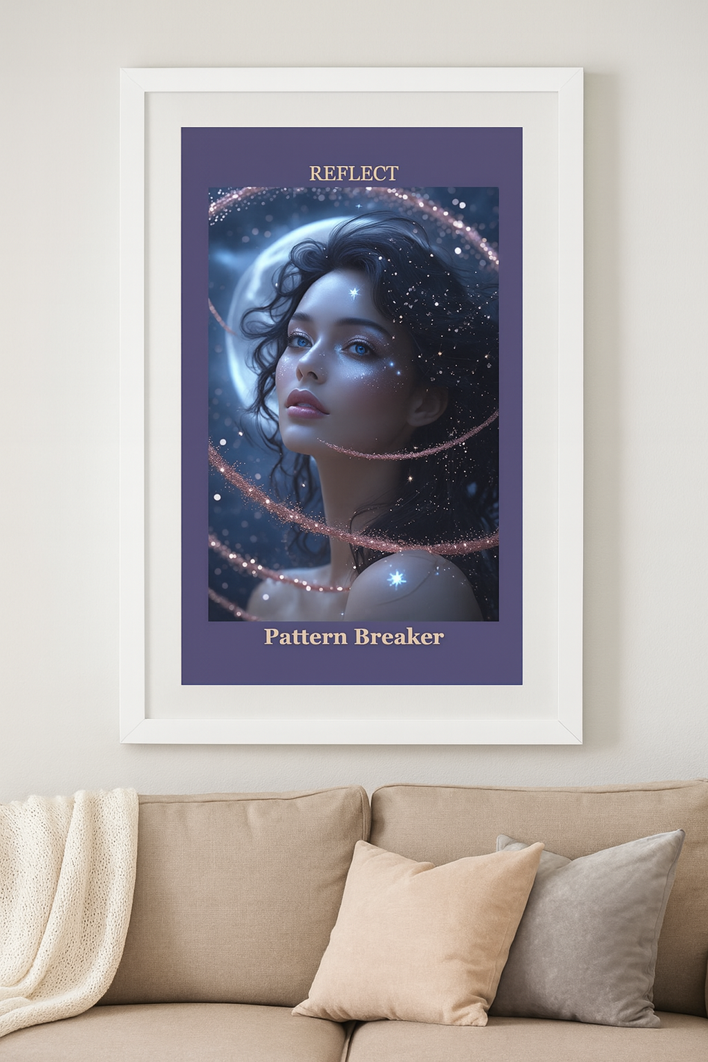 Framed artwork of a woman with dark hair surrounded by glowing stars and swirling cosmic ribbons, with the words 'Reflect' and 'Pattern Breaker' at the top and bottom.