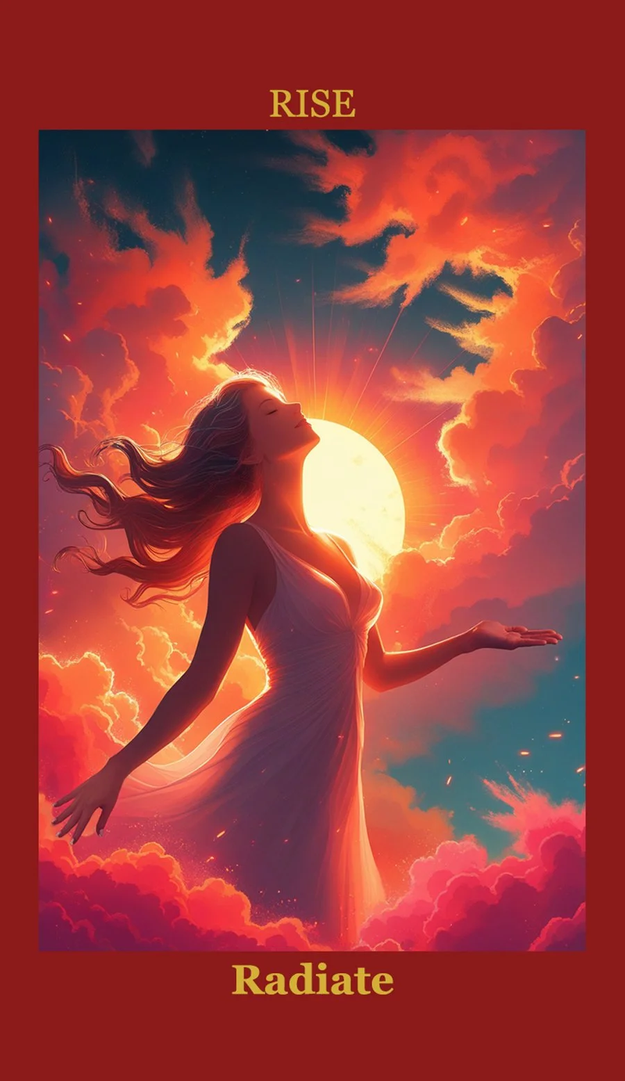 Illustration of a woman with flowing hair and closed eyes, standing with outstretched arms in front of a glowing sun, surrounded by vibrant orange and pink clouds, with the words "RISE" at the top and "Radiate" at the bottom.