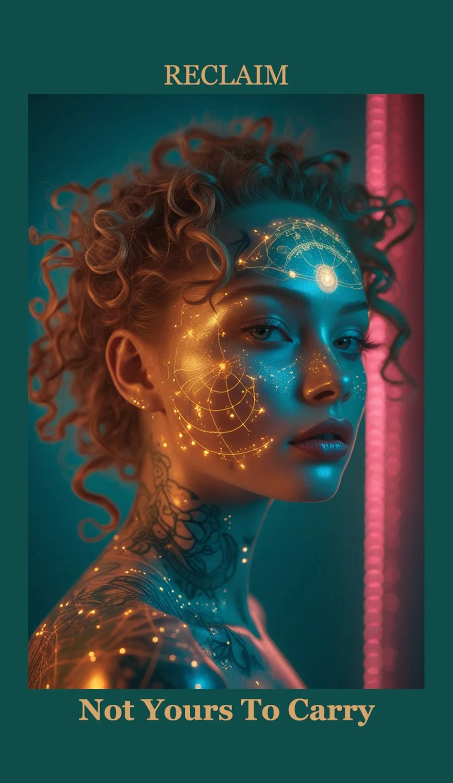 A woman with curly hair, tattoos, and glowing digital world projections on her face and shoulder, with the words 'RECLAIM' at the top and 'Not Yours To Carry' at the bottom.