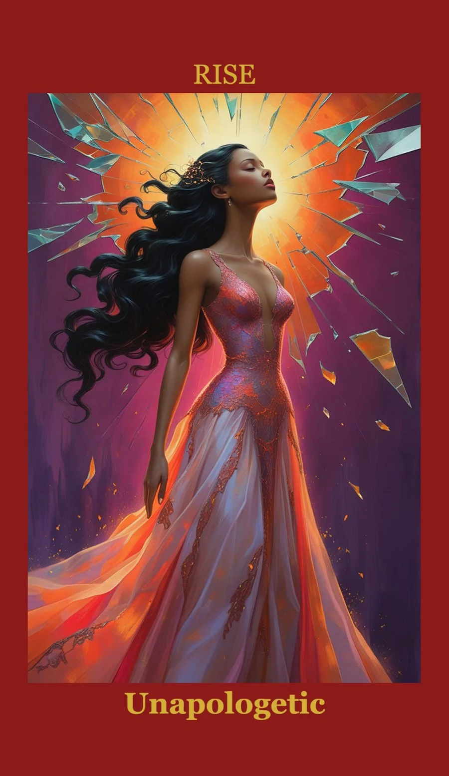 A woman with long, flowing black hair stands with her eyes closed. She is wearing a shimmering, elegant dress with orange and purple details. Behind her, a bright, glowing light radiates outward, with shattered glass fragments scattered around, creat