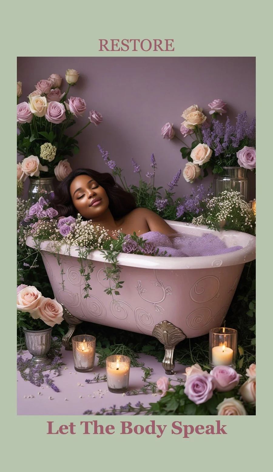 A woman relaxing in a vintage pink bathtub surrounded by pink and purple flowers and lit candles, with the words "RESTORE" at the top and "Let The Body Speak" at the bottom.