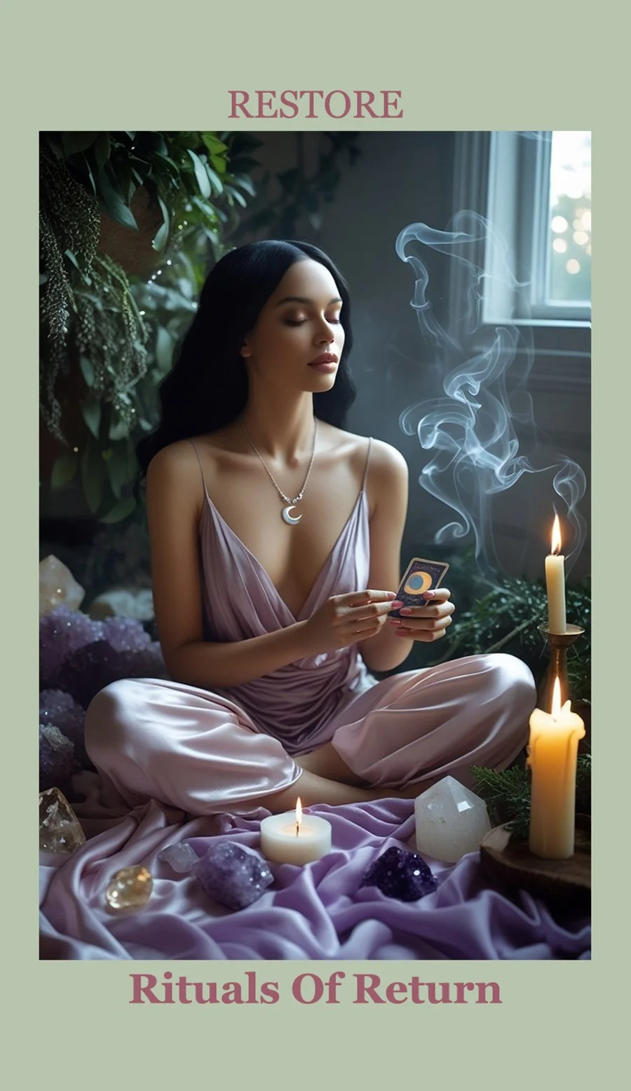 A woman with long dark hair and a crescent moon necklace sitting cross-legged on purple satin fabric, holding a tarot card. She is surrounded by candles, crystals, and greenery, with a window in the background. The image has a mystical, ritualistic a
