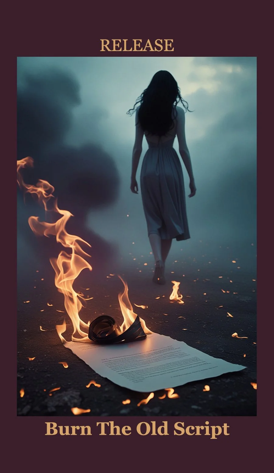 A woman walking away on a dark surface with a burning sheet of paper on the ground in front of her, and dark clouds in the sky, symbolizing releasing or burning old script or baggage.