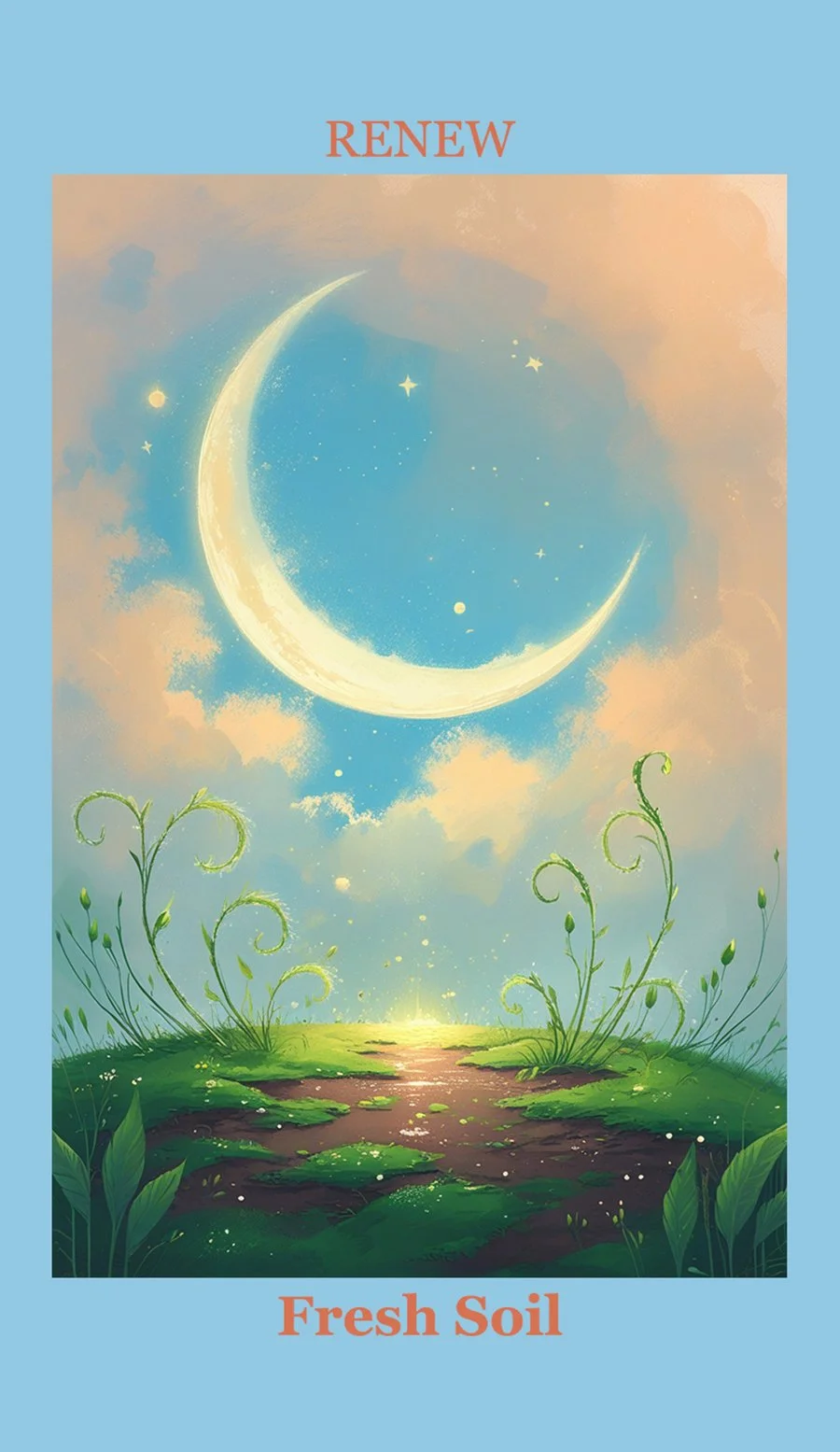 Illustration of a crescent moon in the sky with stars, surrounded by clouds, above green plants and fresh soil, with the word 'RENEW' at the top and 'Fresh Soil' at the bottom.