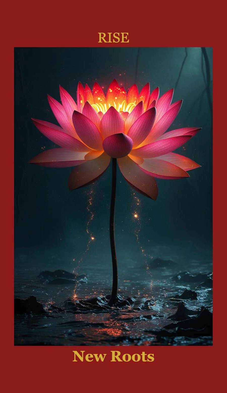 A glowing pink and yellow lotus flower rising from dark water, with the text 'RISE' at the top and 'New Roots' at the bottom in gold letters, on a red background.