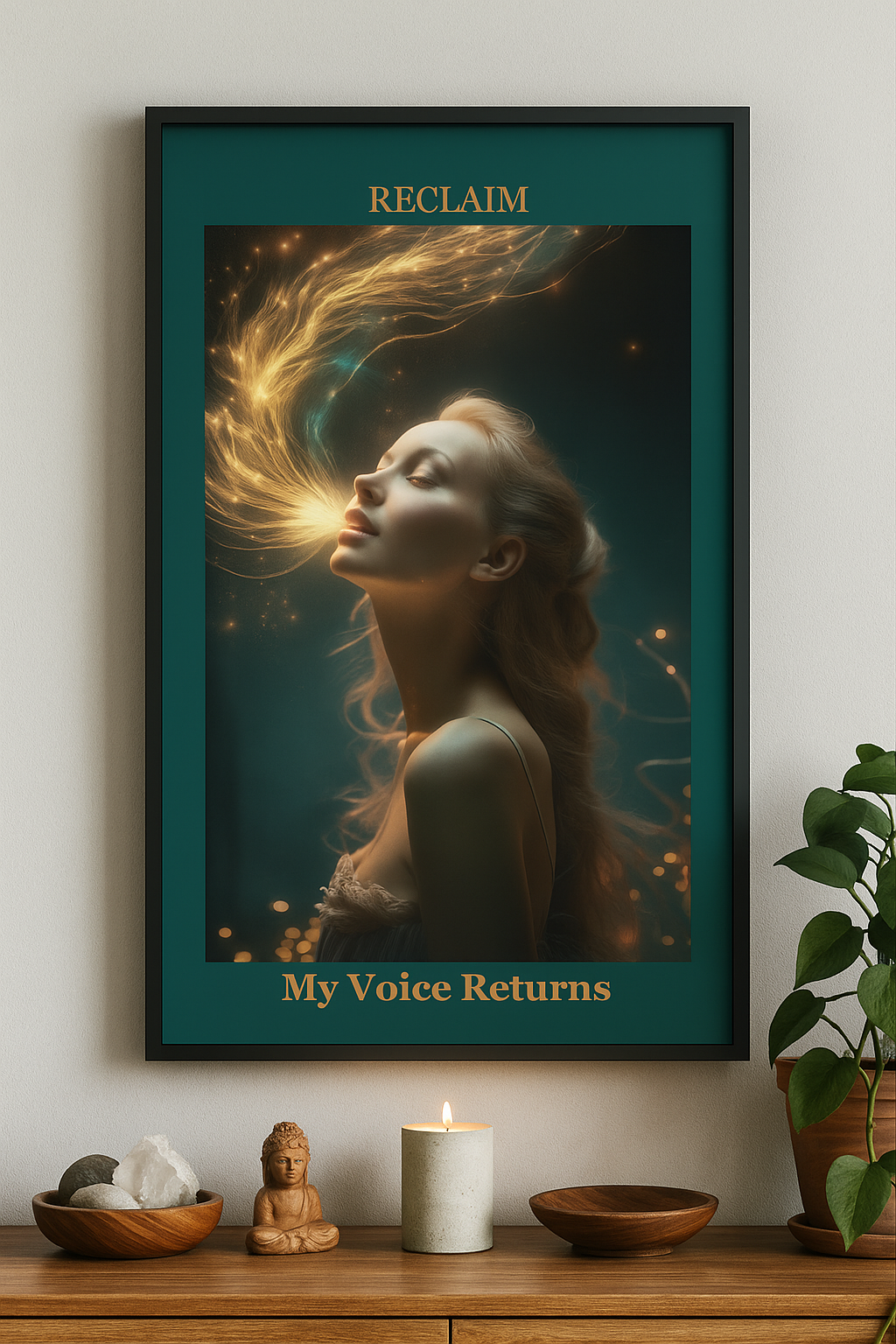 Framed poster features a woman with closed eyes and flowing hair illuminated by a golden light, with the text 'RECLAIM' at the top and 'My Voice Returns' at the bottom.