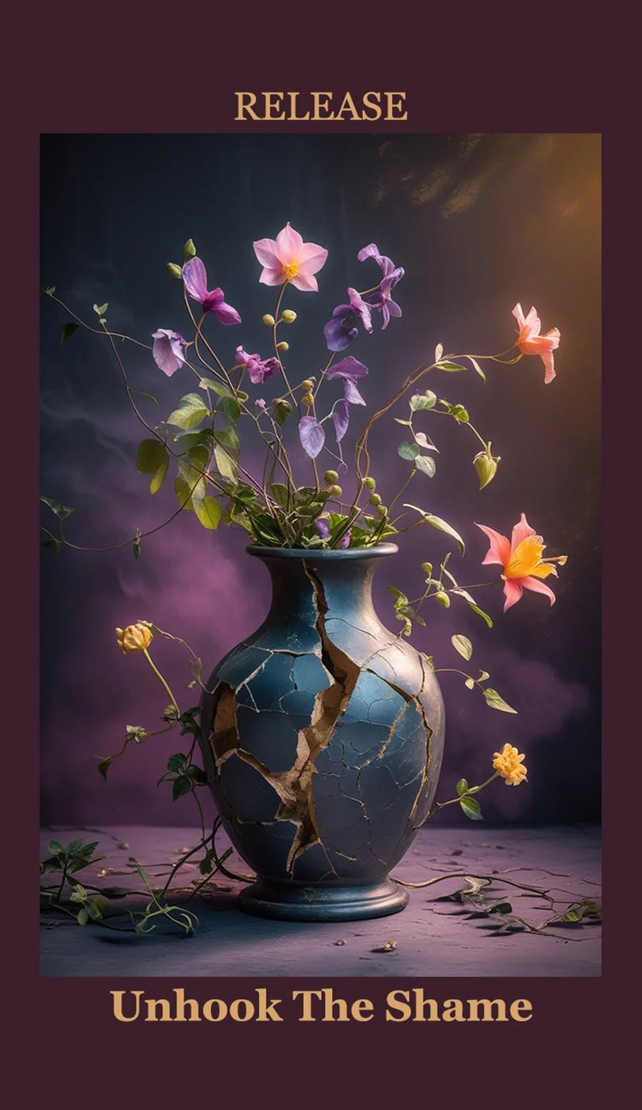 A photograph of a broken ceramic vase with blooming flowers and vines inside, against a dark purple background with a spotlight effect, with the words "RELEASE" at the top and "Unhook The Shame" at the bottom.