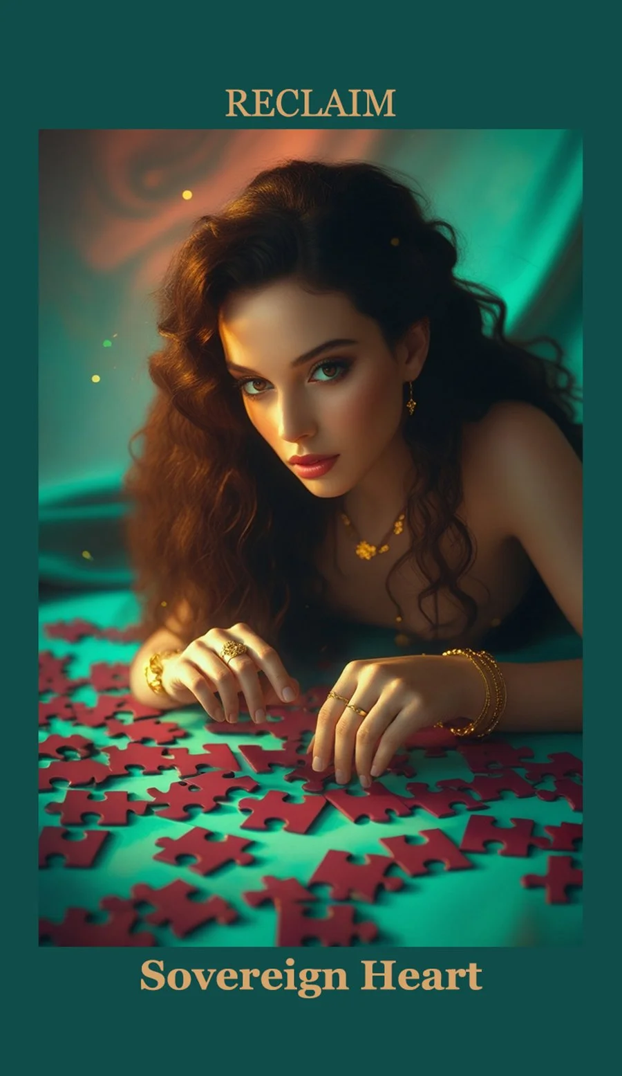 A woman with long curly hair and green eyes lying on a surface covered with red puzzle pieces, wearing gold jewelry, with a dramatic lighting background.