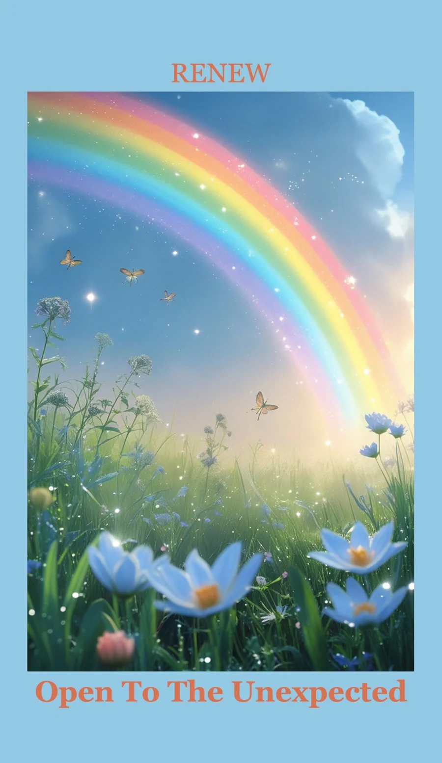A colorful rainbow over a grassy field with white flowers and butterflies under a partly cloudy sky.
