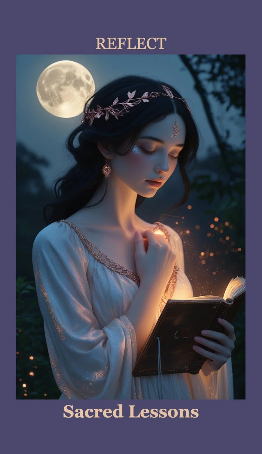 A woman dressed in a fantasy style gown with jewelry, holding a glowing book outdoors at night under a full moon, with a purple border and the words "Reflect" at the top and "Sacred Lessons" at the bottom.