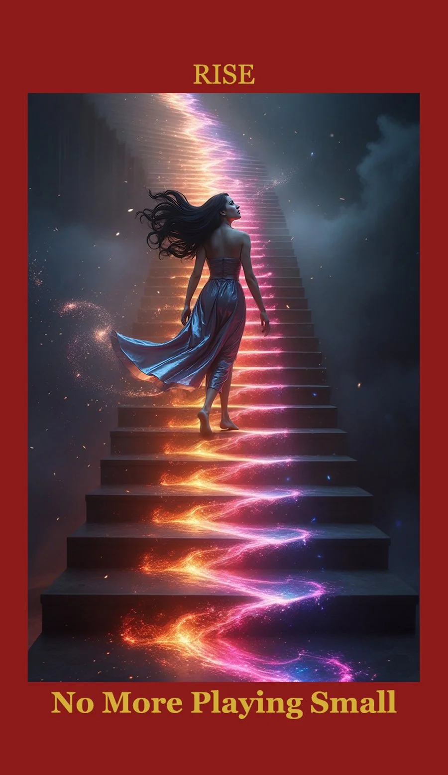 A woman in a flowing dress walking up a glowing, colorful staircase into the clouds and sky with the word 'RISE' at the top and 'No More Playing Small' at the bottom.