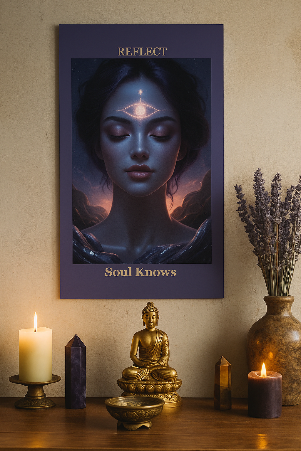 A framed poster of a woman with closed eyes, a glowing eye and third eye symbol on her forehead, with the text "Reflect Soul Knows" above and below, hangs on a beige wall. Below the poster is a wooden surface with a golden Buddha statue, two lit candles, and decorative crystals, with a vase of lavender on the right.