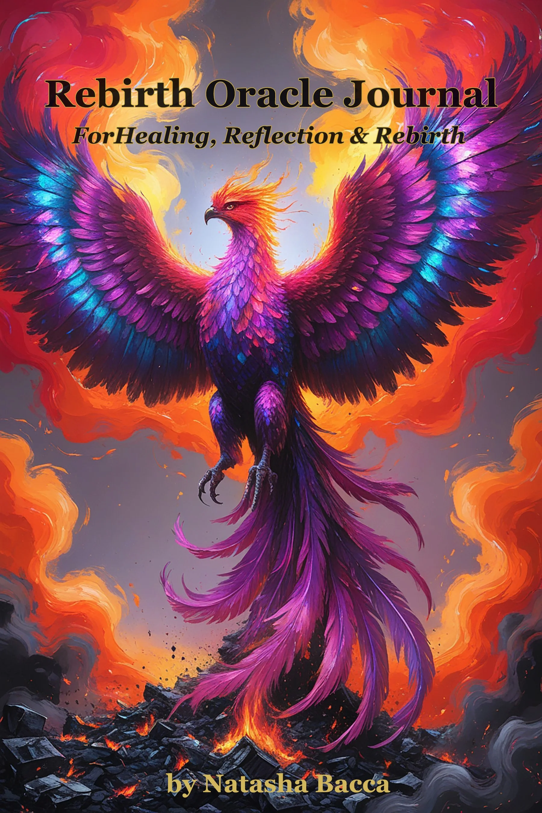 A colorful illustration of a phoenix rising from ashes, with vibrant purple, pink, orange, and yellow feathers, against a background of flames and smoke. The text on the image reads 'Rebirth Oracle Journal' with the subtitle 'For Healing, Reflection & Rebirth' and is credited to 'by Natasha Bacca'.
