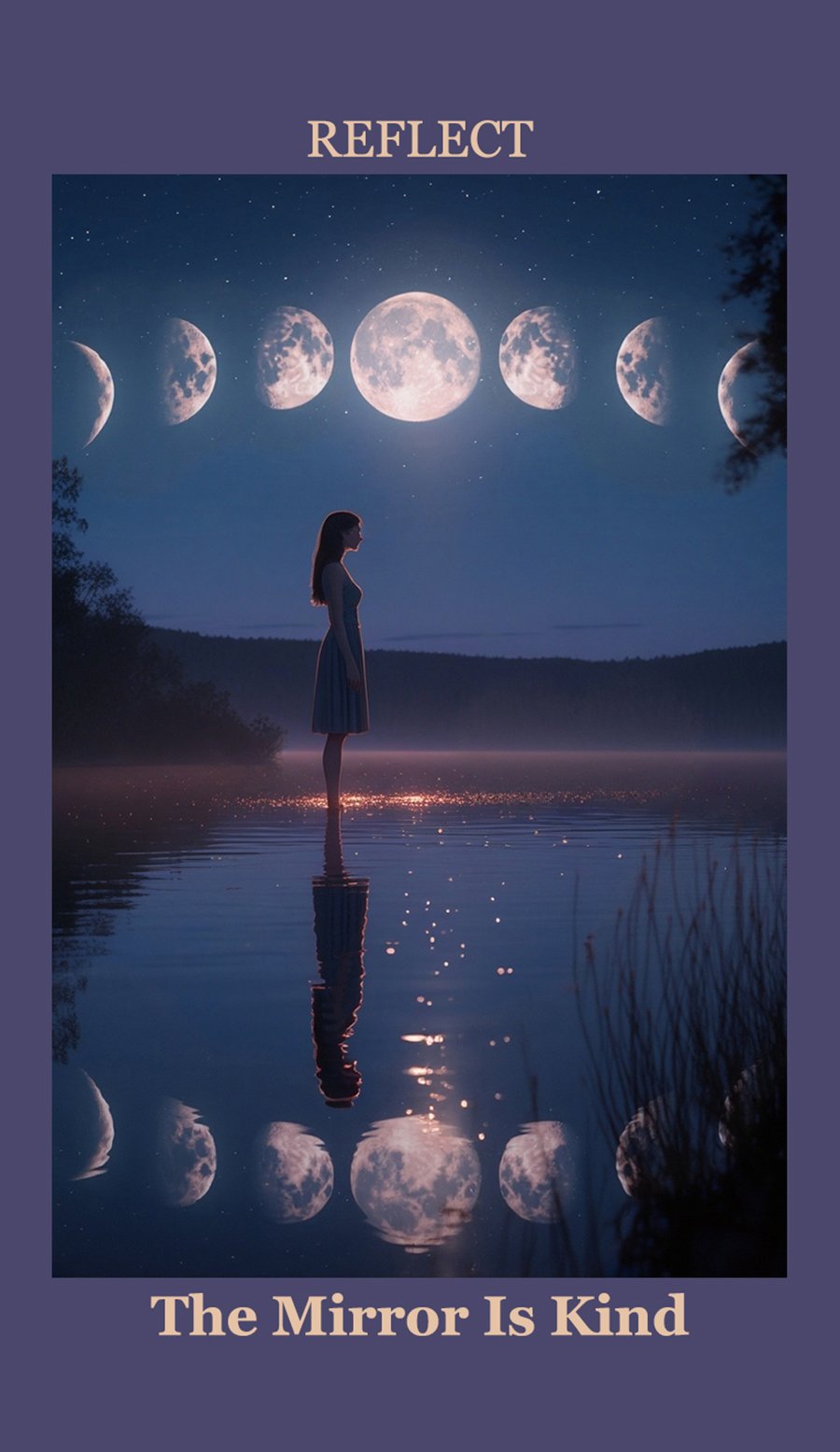 A woman standing in shallow water at night, with a large reflection of the moon on the surface. Above her, multiple phases of the moon are displayed in a line. The scene has a calm, dreamlike atmosphere with a dark sky and silhouette of trees.
