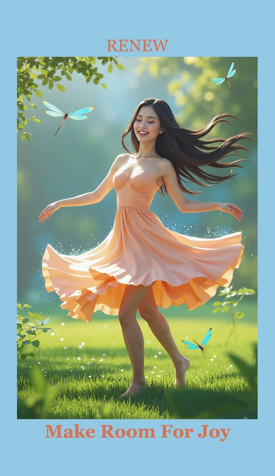 A woman in a peach dress dancing outdoors in a grassy area with sunlight, two blue dragonflies flying around her and smiling.
